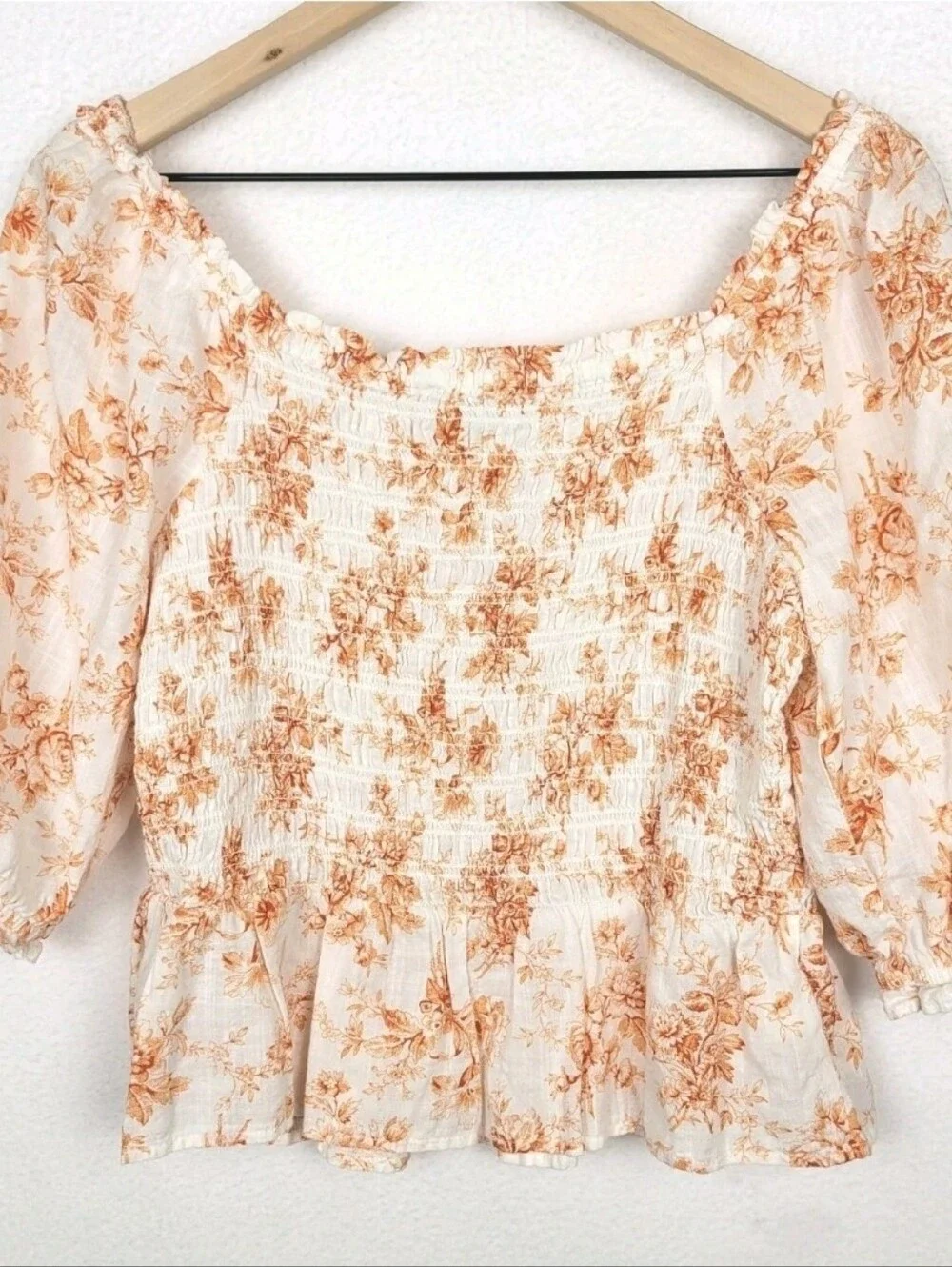 Loft Toile Smocked Peplum Blouse M Orange‎ Square Neck Puff Sleeves Peasant Boho